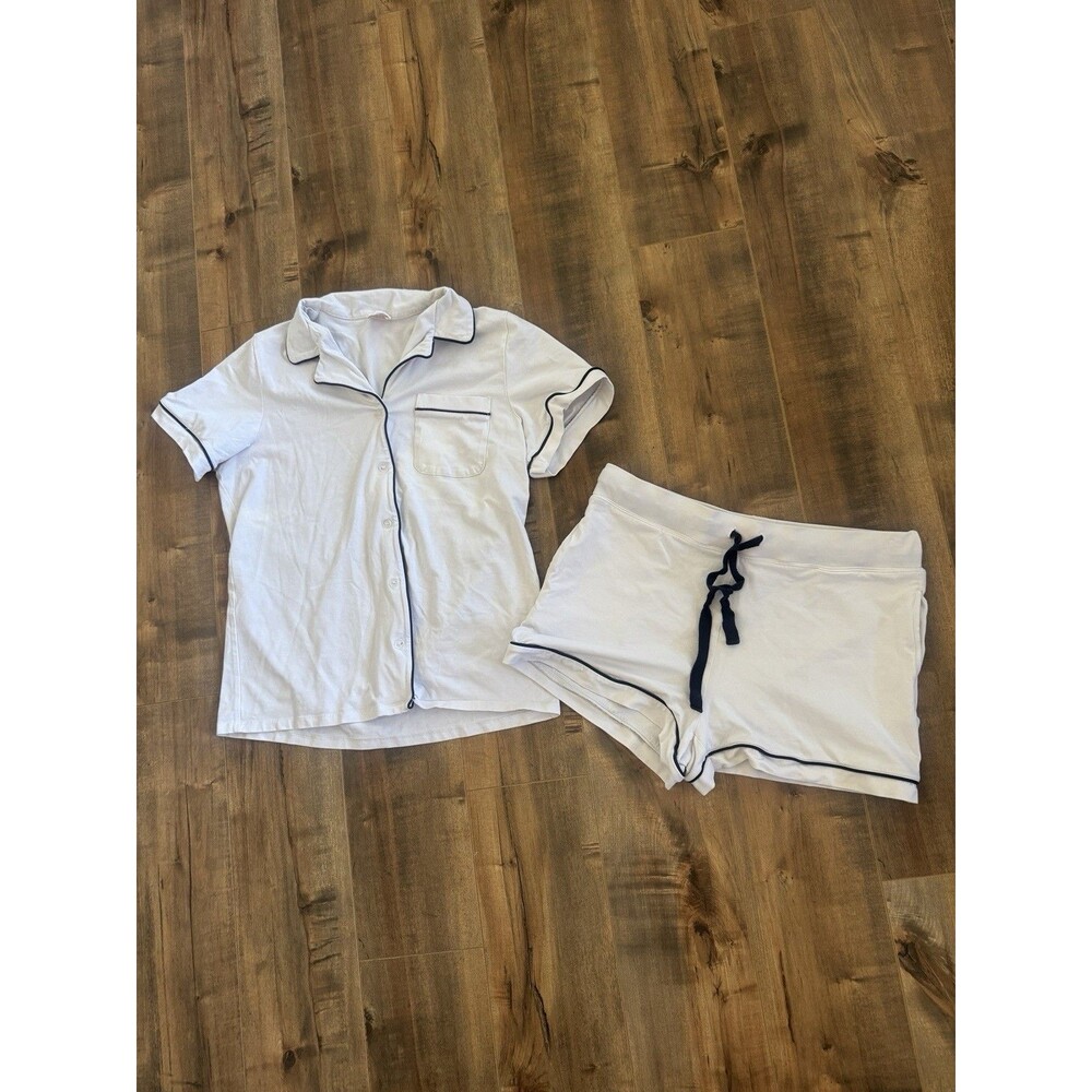 Le Rose Stories Pajama PJ Set White Short Sleeve Black Piping Size Large Wedding